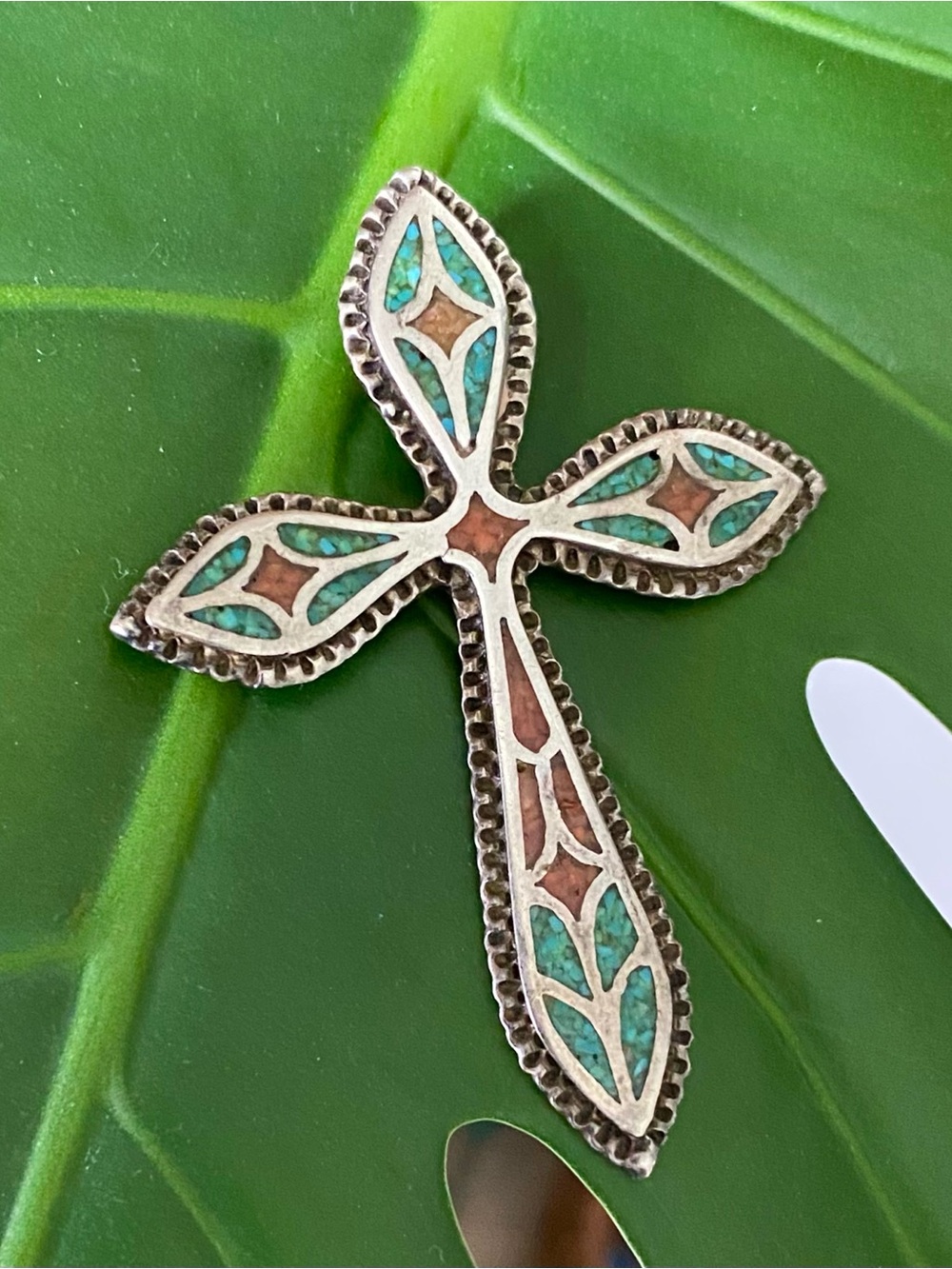 Turquoise Inlay vintage Silver Cross Pendant - Picture 2 of 10